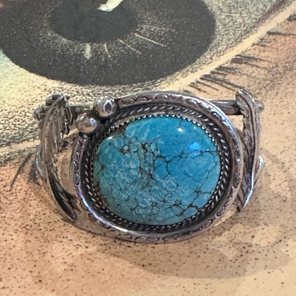 Rare Exceptional Vintage Old Pawn Dyer Blue Turquoise Sterling Silver Cuff - Picture 2 of 10